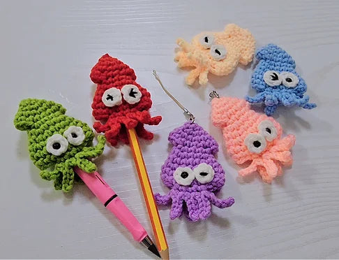 Colourful crochet squid keychains