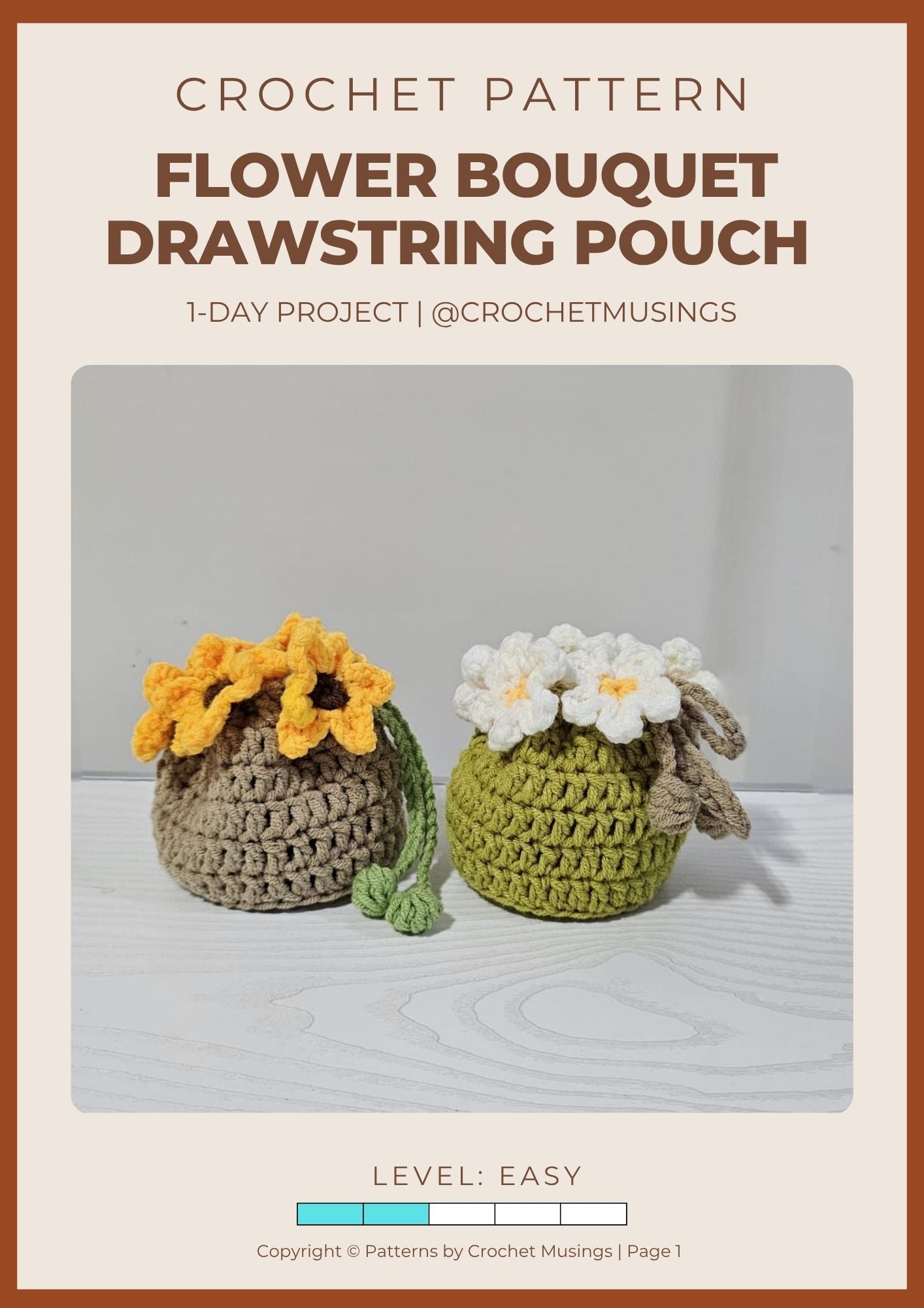 PDF - Flower Bouquet Drawstring Pouch Crochet Pattern.