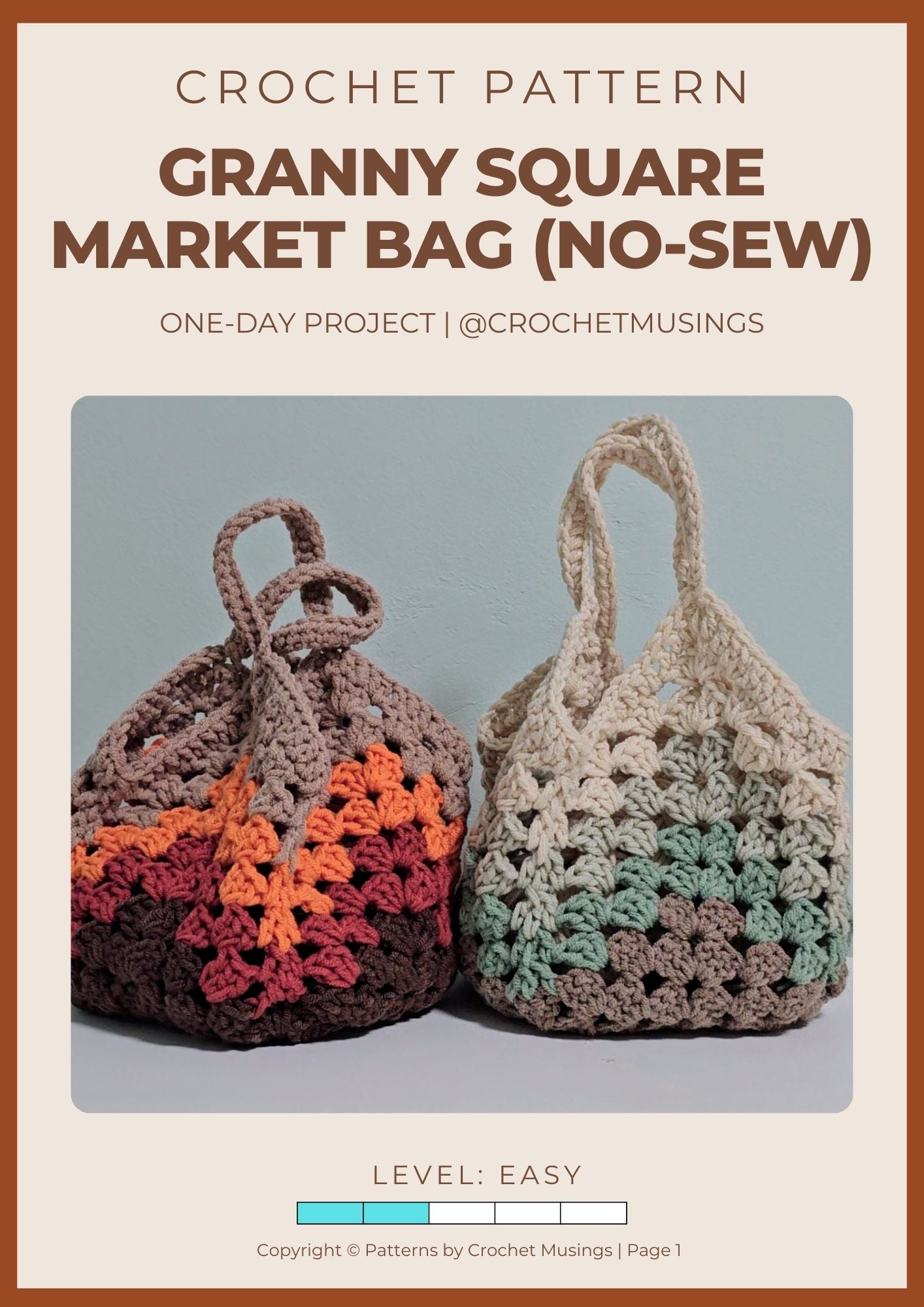 PDF - Granny Square Market Bag (No-Sew) Crochet Pattern