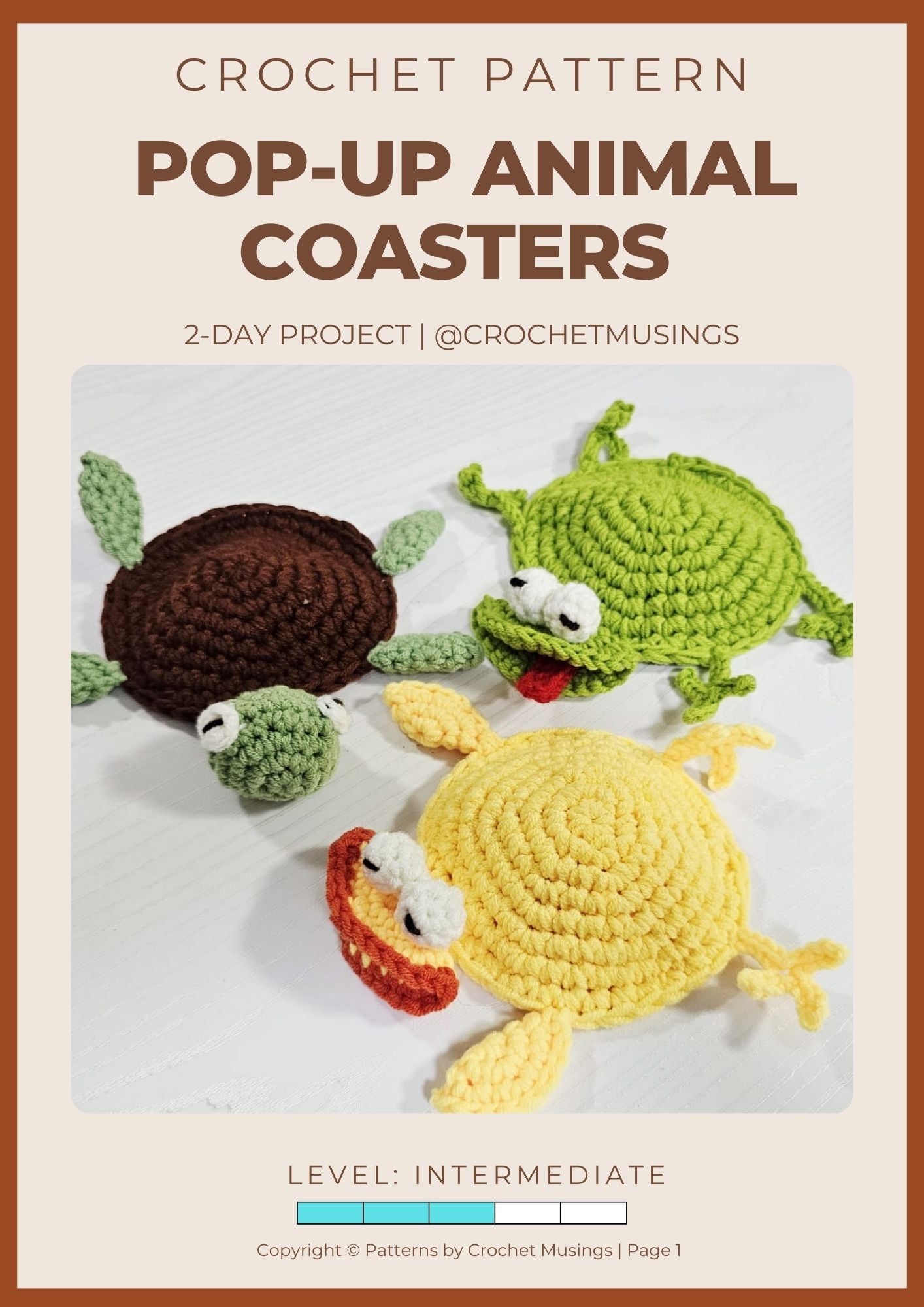 PDF - 3-in-1  Pop-Up Animal Coasters Crochet Pattern