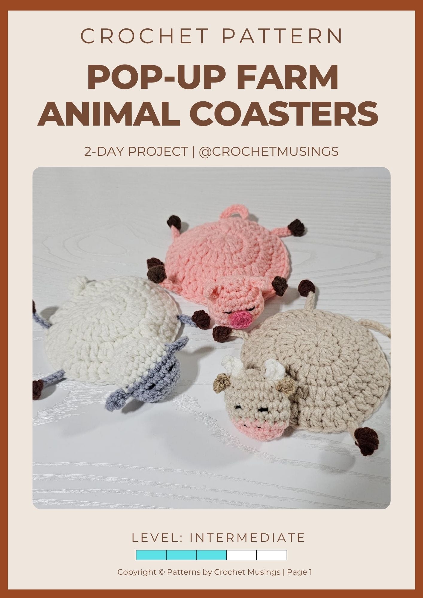 PDF - 3-in-1 Pop-Up Farm Animal Coasters Crochet Pattern