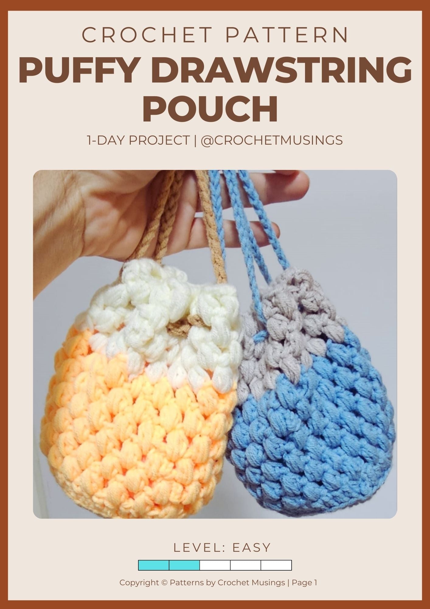 PDF - Puffy Drawstring Pouch (No-Sew) Crochet Pattern