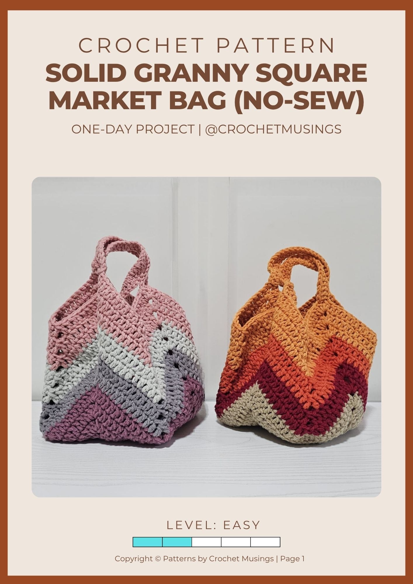 PDF - Solid Granny Square Market Bag Crochet Pattern (No Sew)