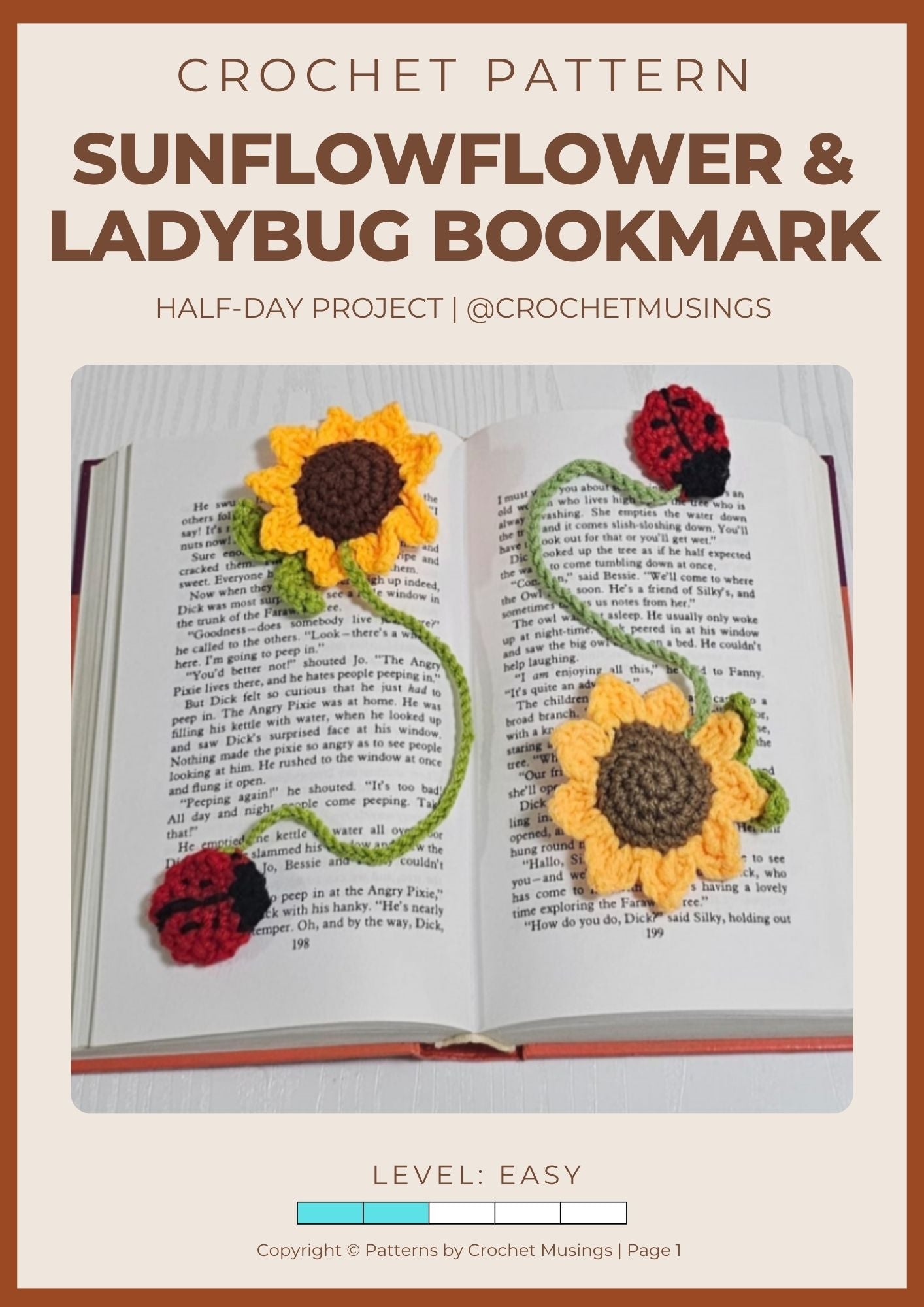 PDF - Sunflower & Ladybug Bookmark Crochet Pattern